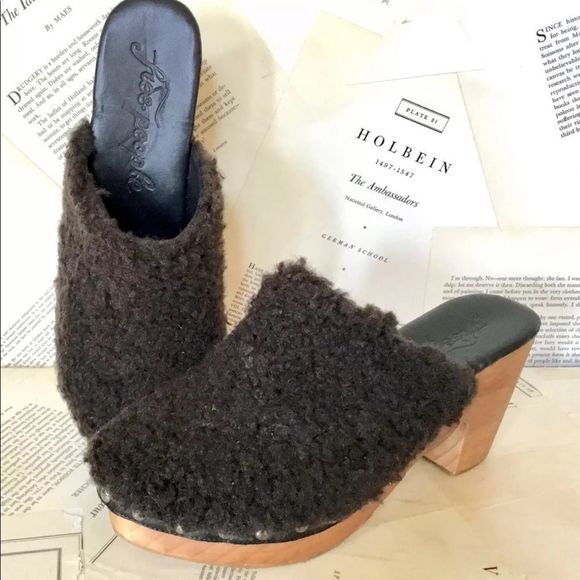 Free People Brown Faux Fur Mules Slides Wood Platform Studs Wedge - Picture 5 of 5